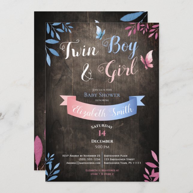 Rustic Twin Boy and Girl watercolor babyshower Inbjudningar (Fram/baksida)