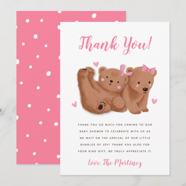 Rustic Twin Girls Unge Bear Baby Shower  Tack Kort (Fram/baksida)