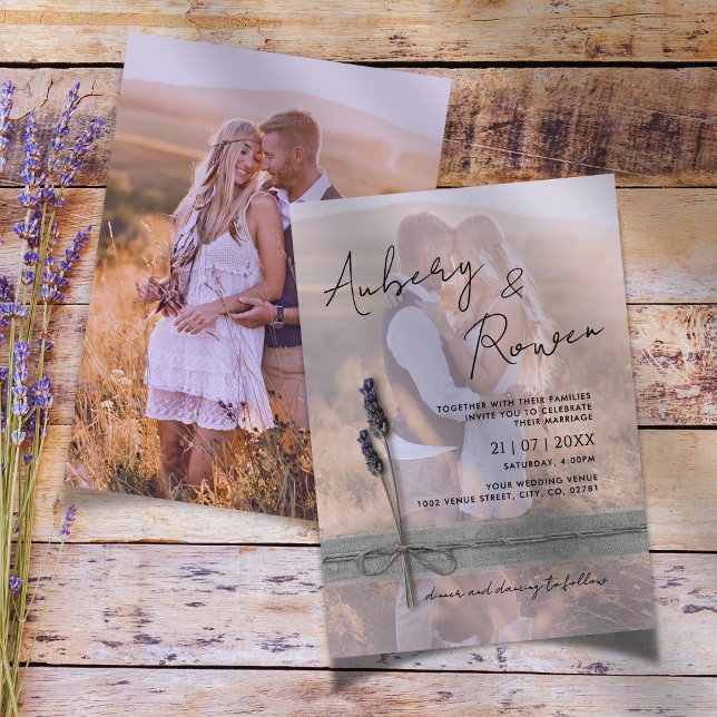 Rustic Twine Burlap Lavender Boho Photo Wedding Inbjudningar (Skapare uppladdad)