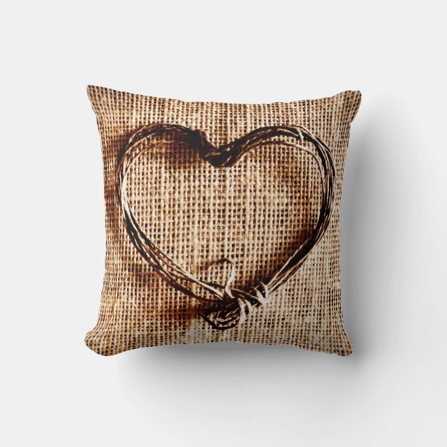 Rustic Twine Heart Faux Burlap Jute Land Pillow Kudde (Framsida)