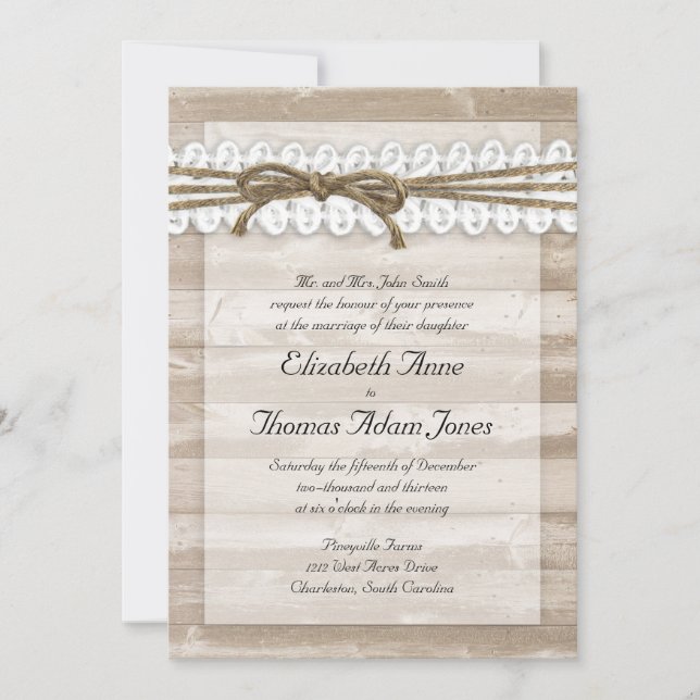 Rustic Twine och Snöre Barn Wood Wedding bjudande Inbjudningar (Framsida)
