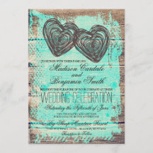 Rustic Two Hearts Barn Wood Aqua Bröllopsinbjudnin
