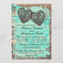 Rustic Two Hearts Barn Wood Aqua Bröllopsinbjudnin Inbjudningar