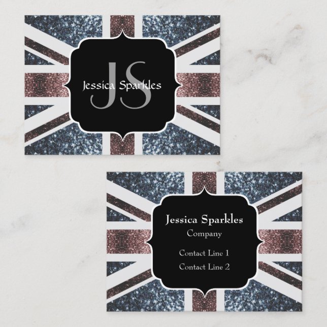Rustic UK flagga Red blue sparkles glitter Monogra Visitkort (Fram/baksida)