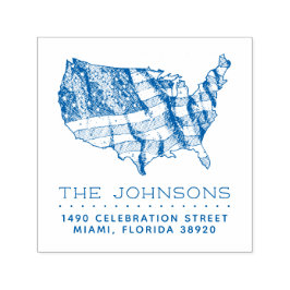 Rustic USA Karta & Flagga | Familj Namn Returadres Självfärgande Stämpel