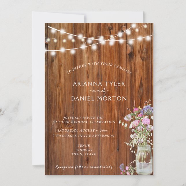 Rustic Vår blommor Mason Burk String Ljus Inbjudningar (Framsida)