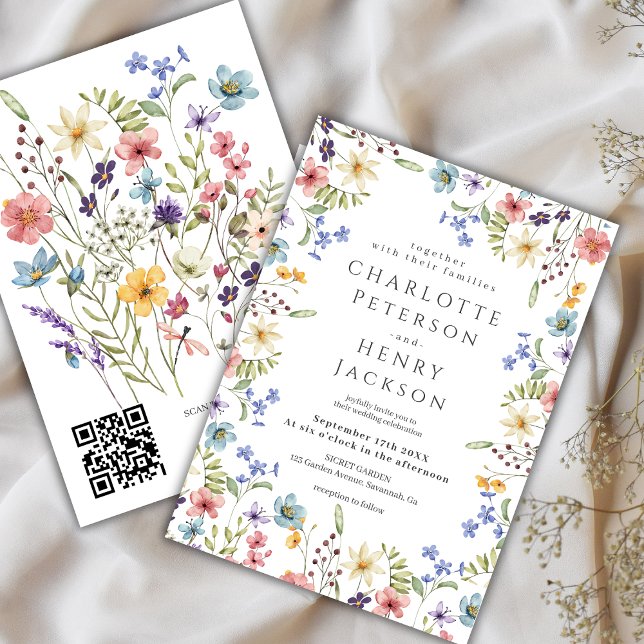 Rustic Vår Elegant Wildblomma QR-koden Bröllop Inbjudningar (Skapare uppladdad)