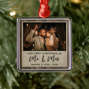 Rustic vår första jul, mr & Mrs Photo Ornament
