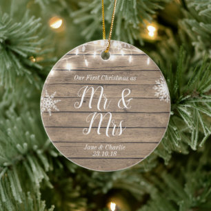 Rustic vår första jul som Mr och Mrs. Julgransprydnad Keramik