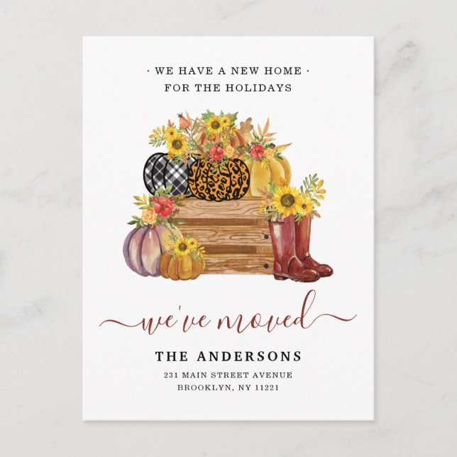 Rustic Vi har flyttat Blommigt Pumpkins Helgdag Meddelande Vykort (Framsida)