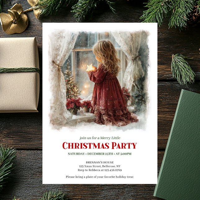 Rustic Victorian Little Girl Awaiting Santa Digita Inbjudningar (Rustic Victorian Little Girl Awaiting Santa Printable Invite)