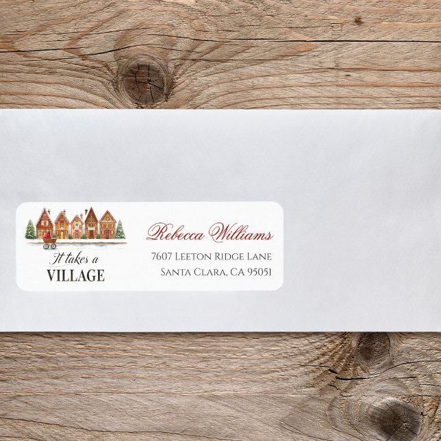 Rustic Village Houses Winter Baby Shower Adress Returadress Etikett (Skapare uppladdad)
