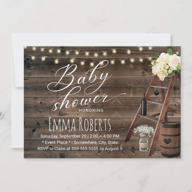 Rustic Vin Barrel & Wooden Ladder Baby Shower Inbjudningar (Framsida)