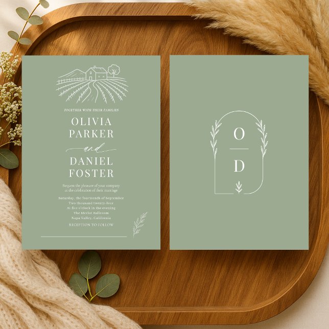 Rustic Vineyard Winery Sage Green Line Art Wedding Inbjudningar (Skapare uppladdad)