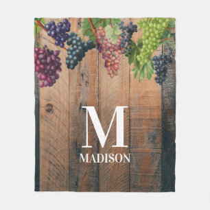 Rustic Vineyard Wood & Grapes Monogram Fleecefilt