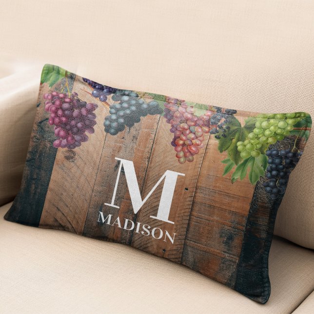 Rustic Vineyard Wood & Grapes Monogram Prydnadskudde (Rustic Vineyard Wood & Grapes Monogram Accent Pillow)
