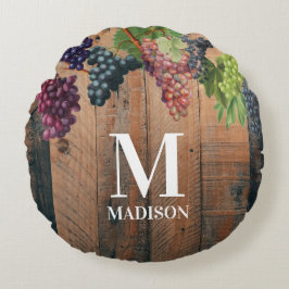 Rustic Vineyard Wood & Grapes Monogram Rund Kudde