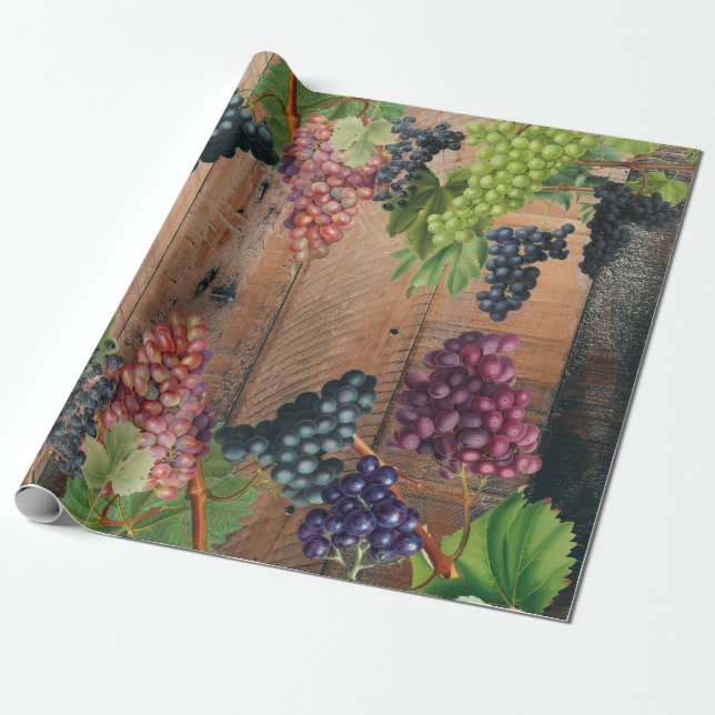 Rustic Vineyard Wood & Grapes Presentpapper (Utrullad)