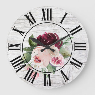 Rustic Vintage Barn Wood Burgundy Rosa Blommigt Stor Klocka