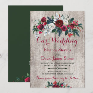 Rustic Vintage Barn Wood Red Grönt Blommigt Bröllo Inbjudningar