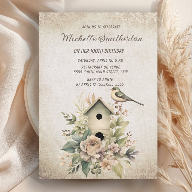 Rustic Vintage Birdhouse Flowers 100 Birthday Inbjudningar (Rustic, vintage birdhouse 100th birthday party invitation)
