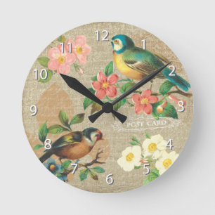 Rustic Vintage Birds and Flowers Shabby Elegance Rund Klocka