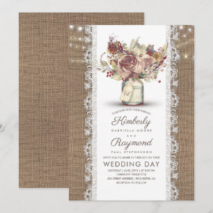 Rustic Vintage Blommigt Mason Burk Burlap Bröllo Inbjudningar