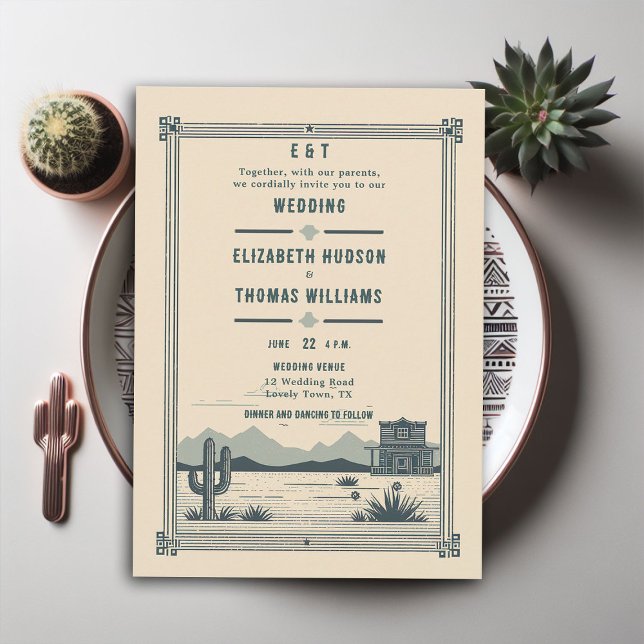 Rustic Vintage Cowboy Bröllop Barn Cactus Teal Inbjudningar (rustic vintage cowboy wedding invitation cactus desert illustration barn backyard outdoor)