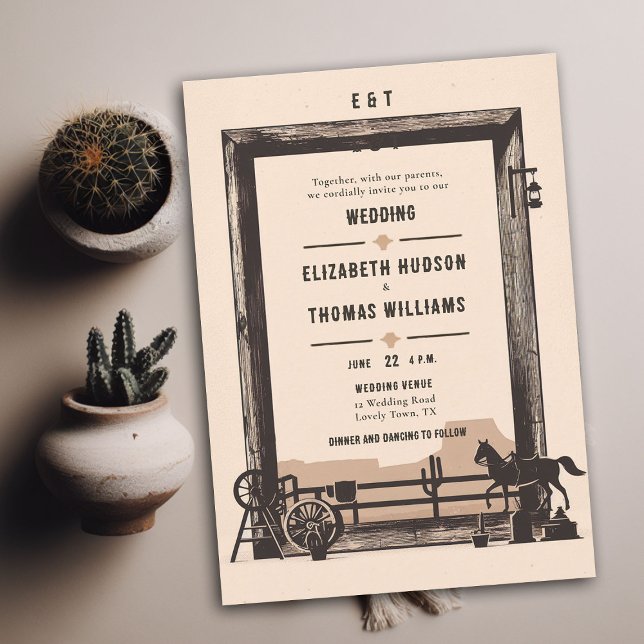 Rustic Vintage Cowboy Bröllop Wood Ram Inbjudningar (rustic vintage cowboy wedding invitation wood frame horse desert illustration barn backyard outdoor)