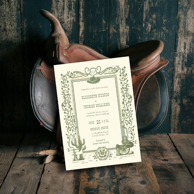 Rustic Vintage CowboyBröllop Botanical Sage Grönt Inbjudningar (cowboy country western wedding invitation botanical frame sage green hat horse cactus barn elegant)