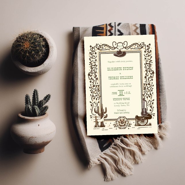 Rustic Vintage CowboyBröllop Western Sage Grönt Inbjudningar (cowboy country western wedding invitation botanical frame sage green hat horse cactus rustic elegant)
