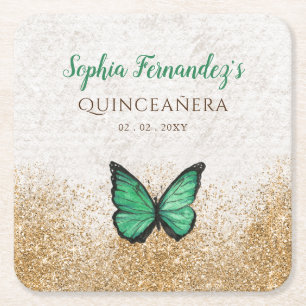 Rustic Vintage Emerald Grönt Guld Butterfly Squar Underlägg Papper Kvadrat