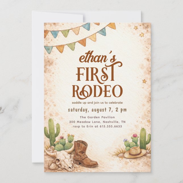 Rustic Vintage First Rodeo Cowboy 1st Birthday Inbjudningar (Framsida)