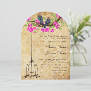Rustic Vintage Fuchsia Love Bird Birdcage Bröllop Inbjudningar