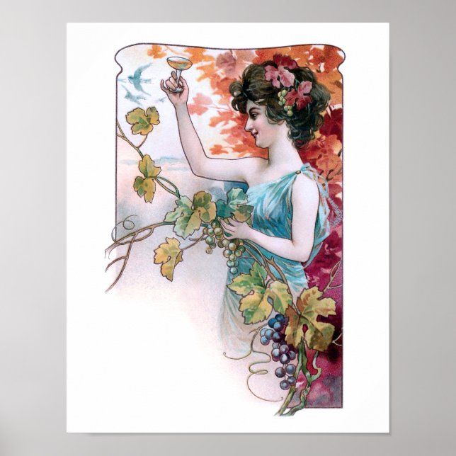 Rustic Vintage Girl med Vin Poster (Framsidan)