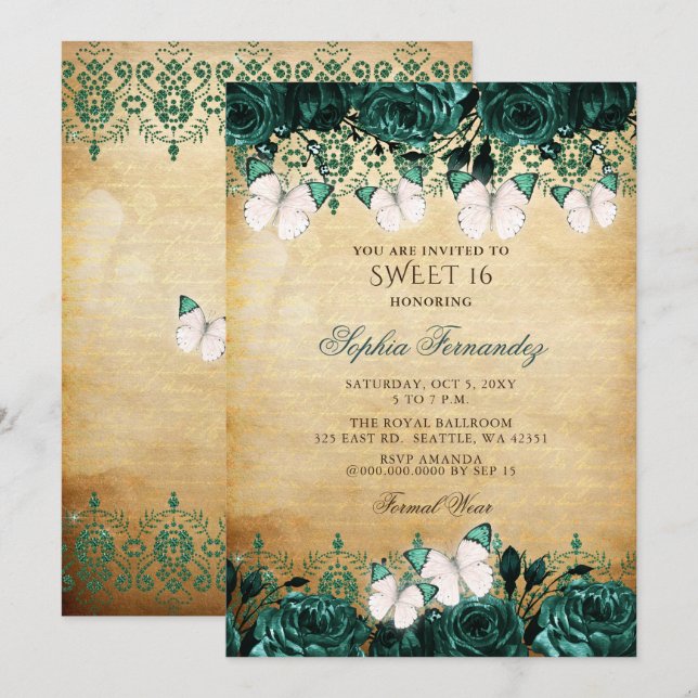 Rustic Vintage Grönt Blommigt Butterfly Sweet 16 Inbjudningar (Fram/baksida)