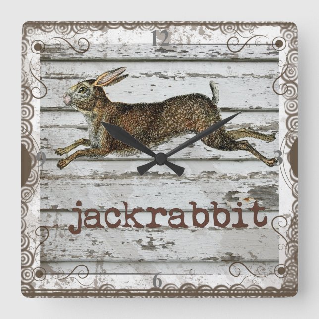 Rustic Vintage Jackkanit Hare Teckning White Wood Fyrkantig Klocka (Framsida)