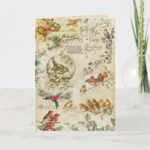 Rustic Vintage jul Birds & Holly Ephemera Helgkort