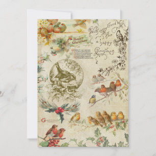 Rustic Vintage jul Birds & Holly Ephemera Julkort