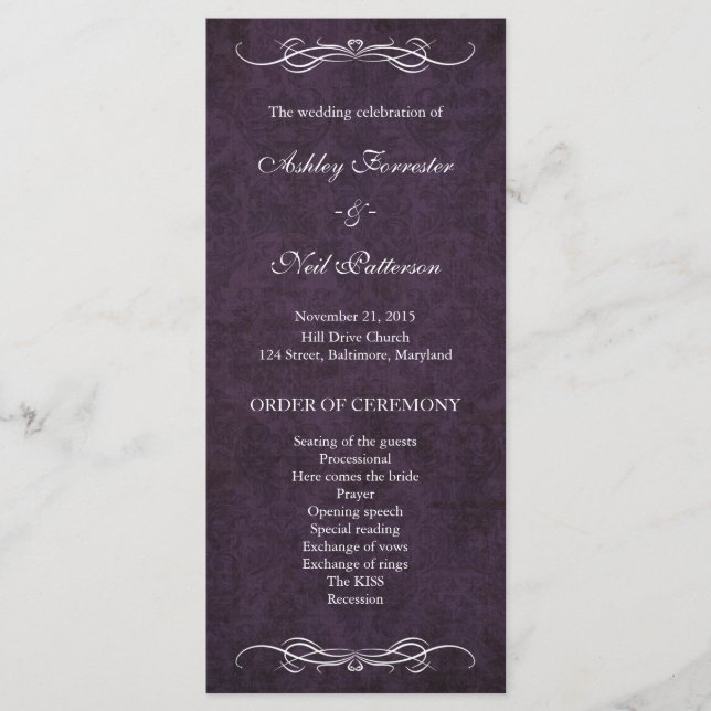 Rustic Vintage Lila Damask Wedding Program (Framsida)