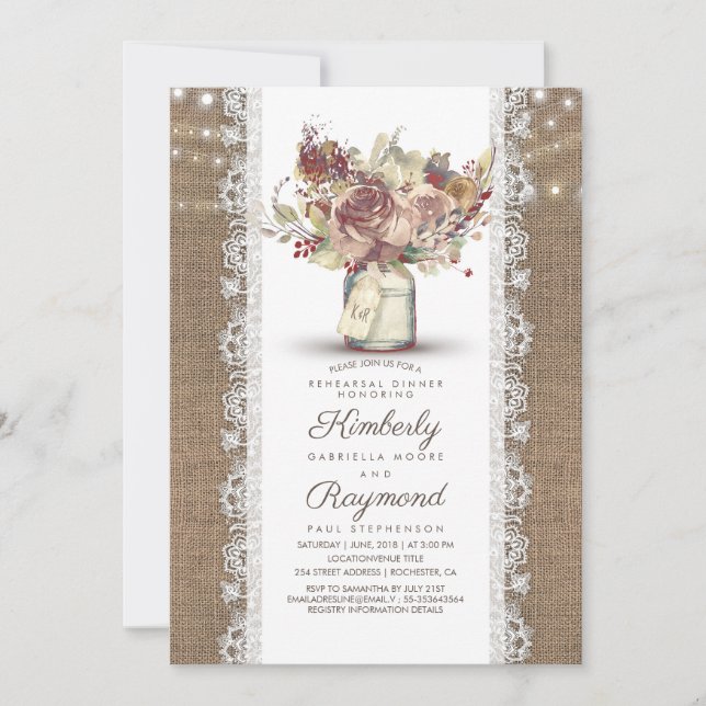 Rustic Vintage Mason Burk | Burlap Rehearsal Midda Inbjudningar (Framsida)