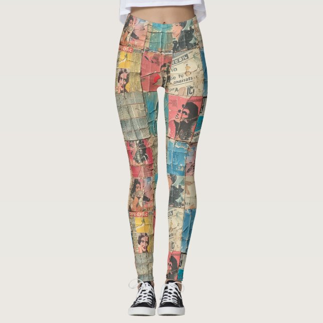 Rustic Vintage Newspaper Patchwork Collage (10) Leggings (Framsida)