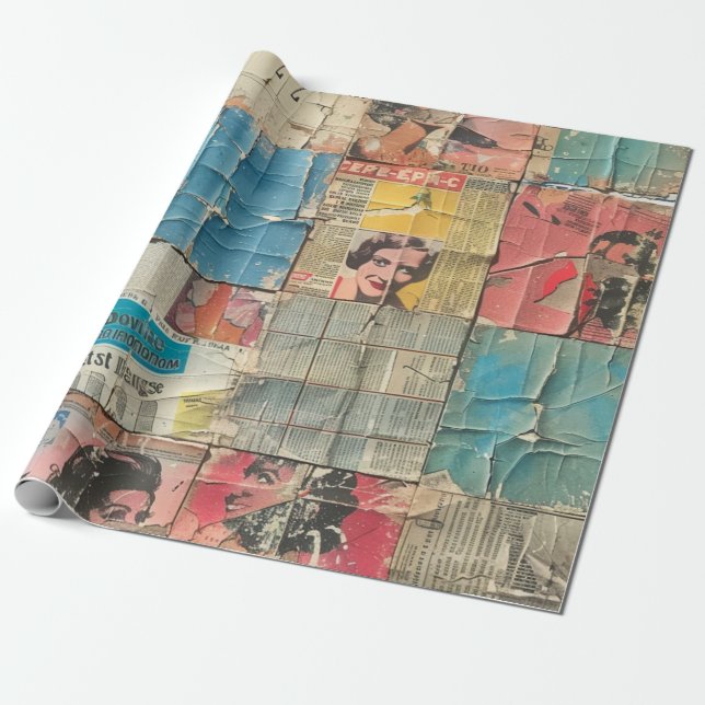 Rustic Vintage Newspaper Patchwork Collage (10) Presentpapper (Utrullad)