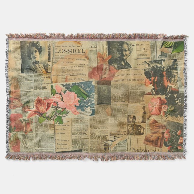 Rustic Vintage Newspaper Patchwork Collage (2) Filt (Framsidan)