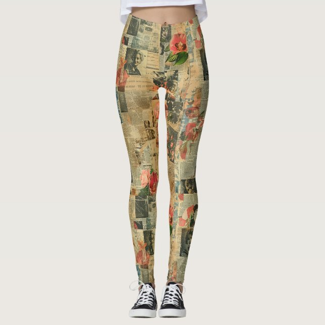 Rustic Vintage Newspaper Patchwork Collage (2) Leggings (Framsida)
