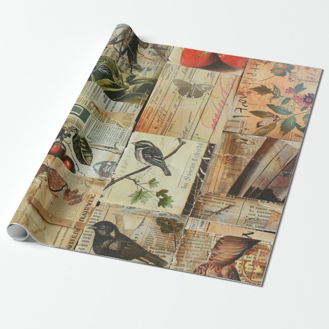 Rustic Vintage Newspaper Patchwork Collage (4) Presentpapper (Utrullad)