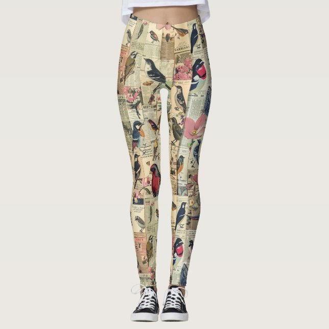 Rustic Vintage Newspaper Patchwork Collage (5) Leggings (Framsida)