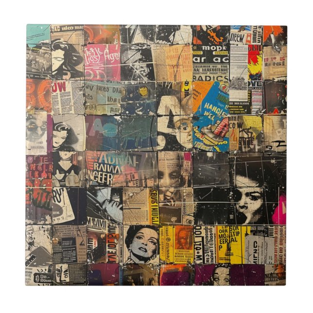 Rustic Vintage Newspaper Patchwork Collage (7) Kakelplatta (Framsidan)