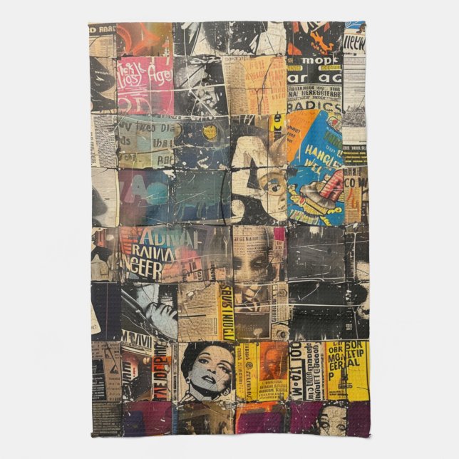 Rustic Vintage Newspaper Patchwork Collage (7) Kökshandduk (Vertikal)