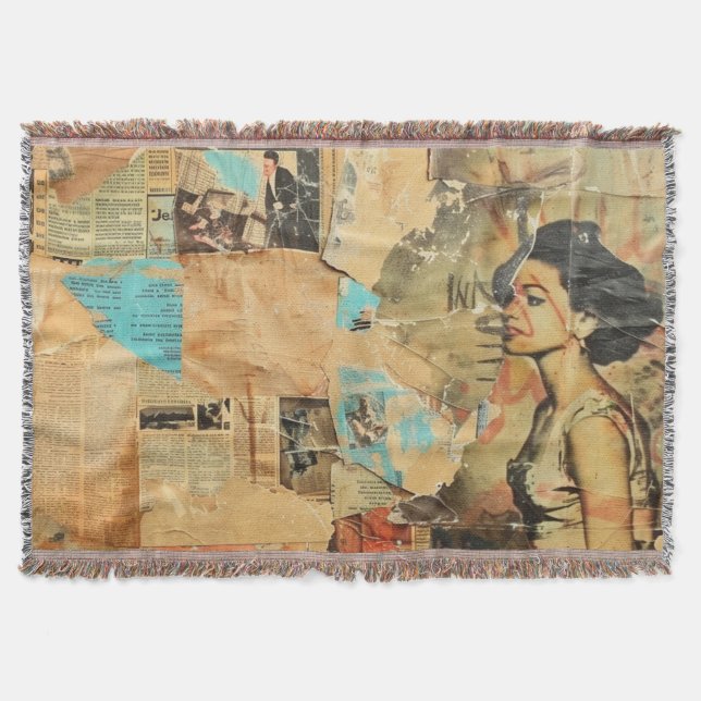 Rustic Vintage Newspaper Patchwork Collage (8) Filt (Framsidan)